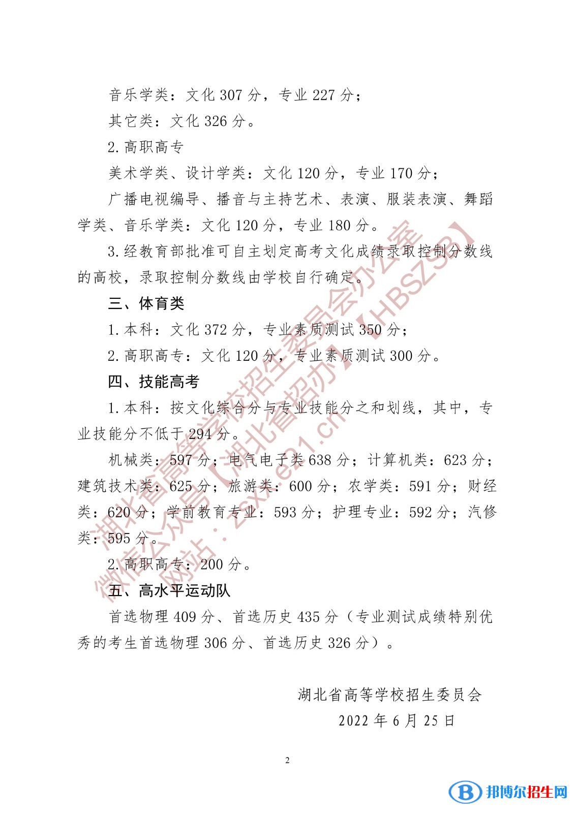 2022湖北高考本科分?jǐn)?shù)線（普通類、藝術(shù)類、體育類）