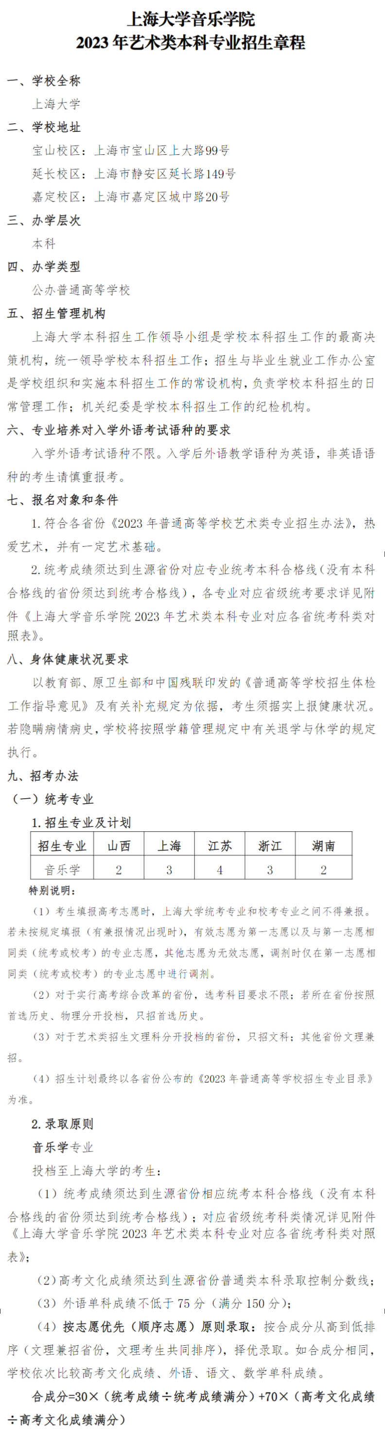 上海大學音樂學院藝術(shù)類招生章程2023年