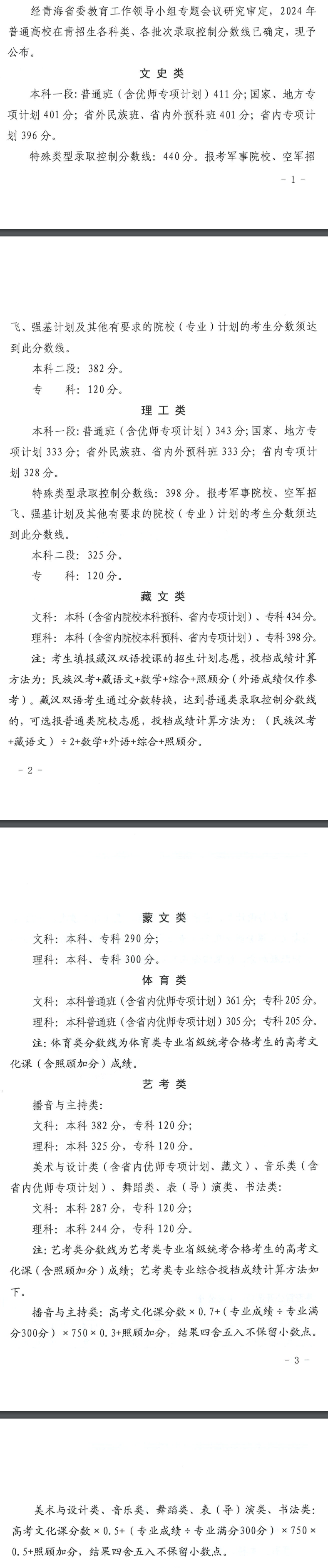 2024年青海高考分?jǐn)?shù)線一覽表（本科、專(zhuān)科、特殊類(lèi)型）